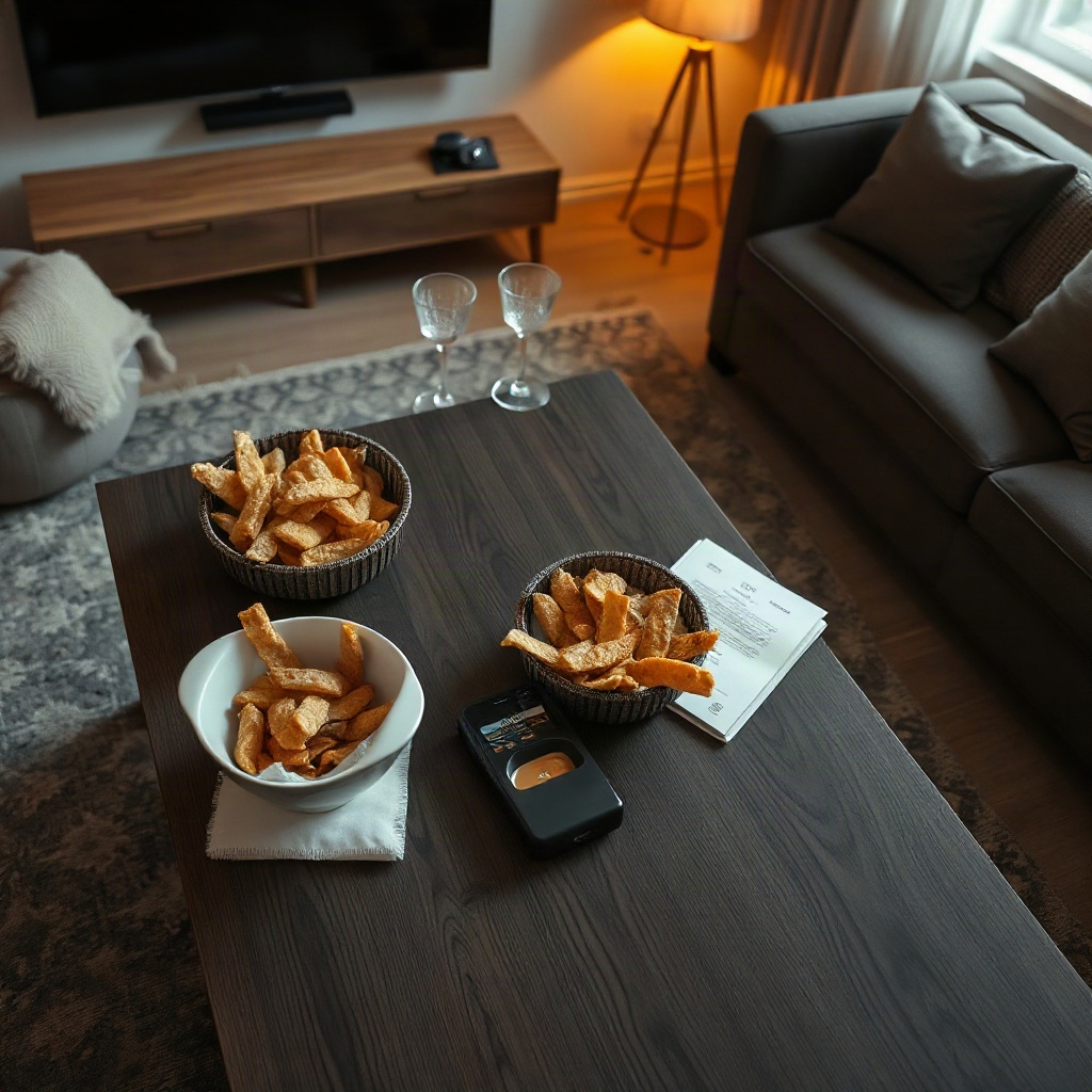 Snacks and remote on the coffee table