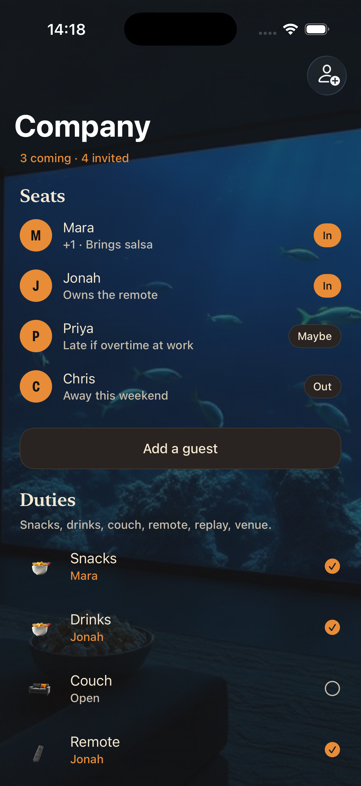 Company roster with seats and duties